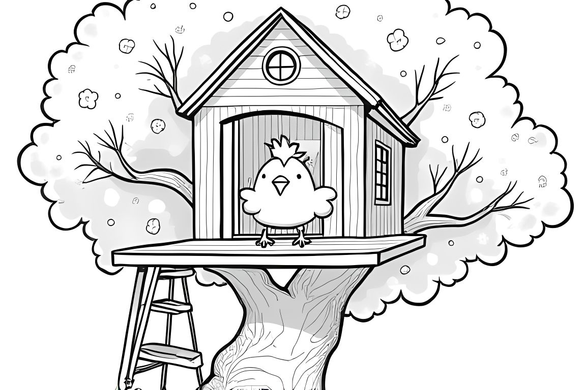 Coloring book illustration of a chicken enjoying time in a tree house