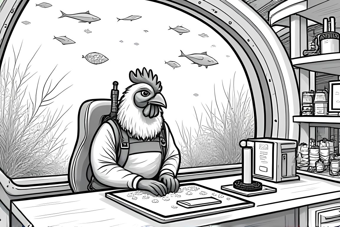 Detailed coloring book illustration of a chicken conducting research in an underwater laboratory