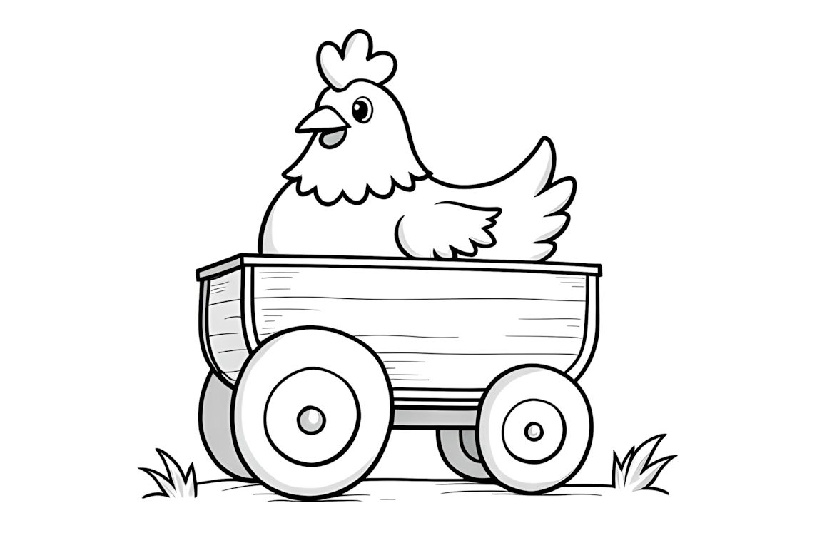 Simple coloring book page with a happy chicken riding in a big wagon