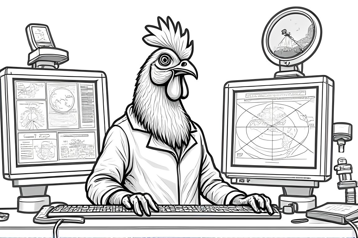 Detailed coloring book illustration of a chicken scientist working in an intricate weather laboratory