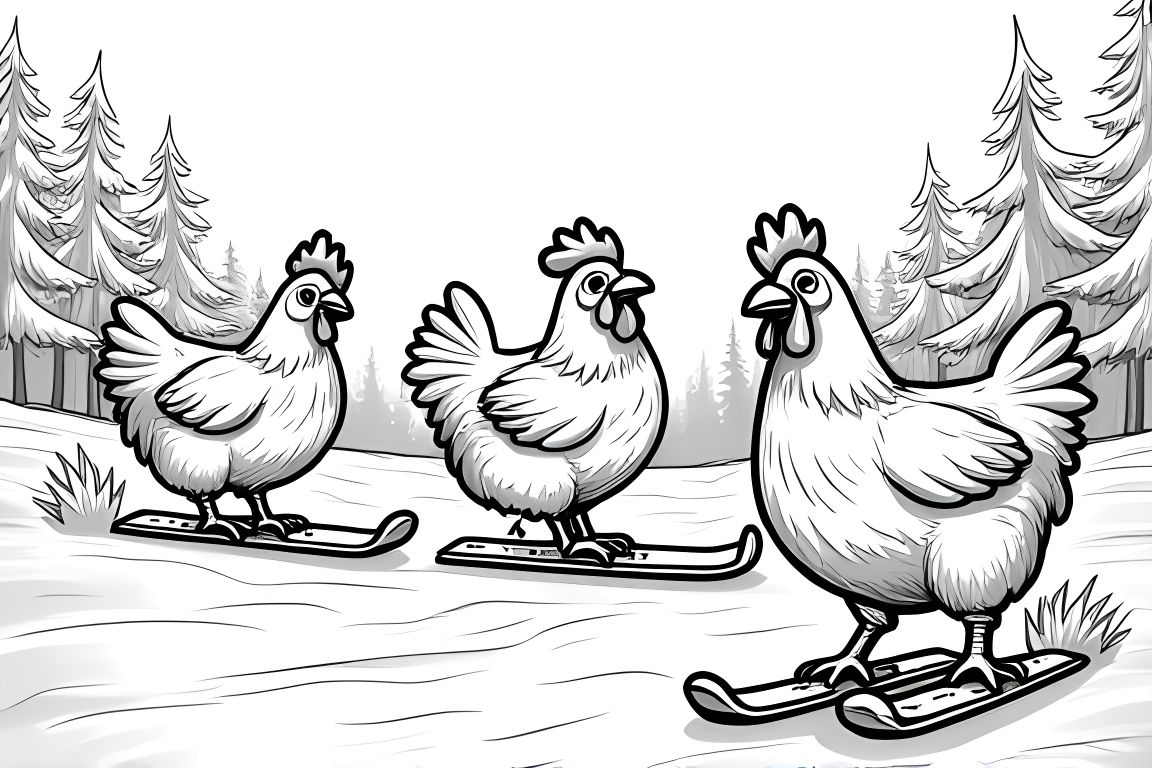Detailed children's coloring page featuring chickens doing winter sports