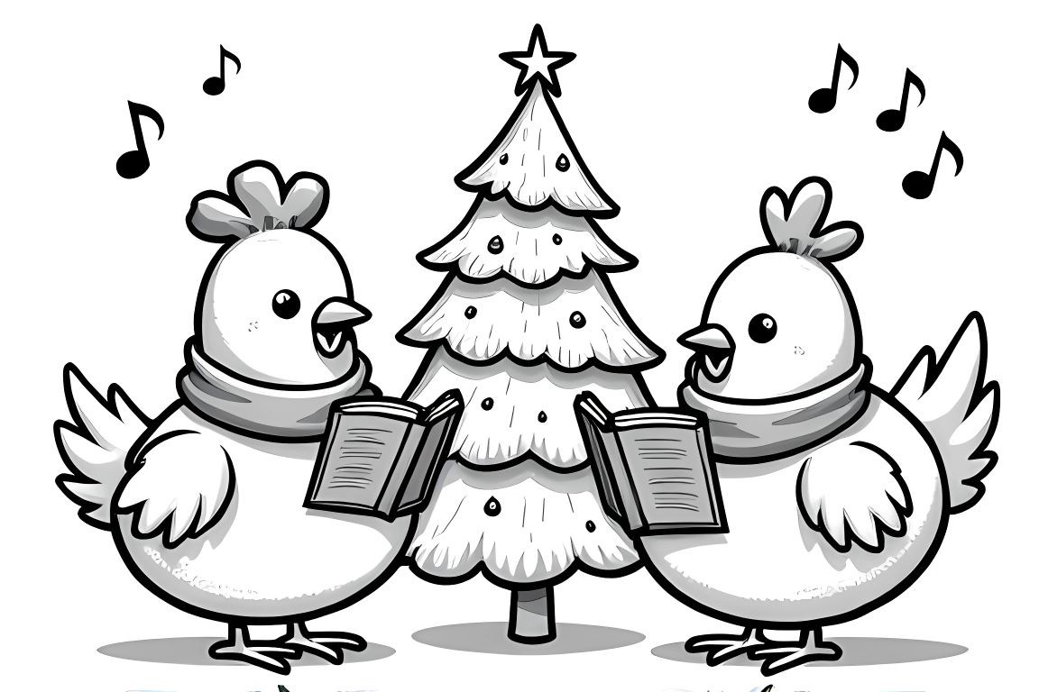 Children's coloring page of chicken choir singing Christmas carols