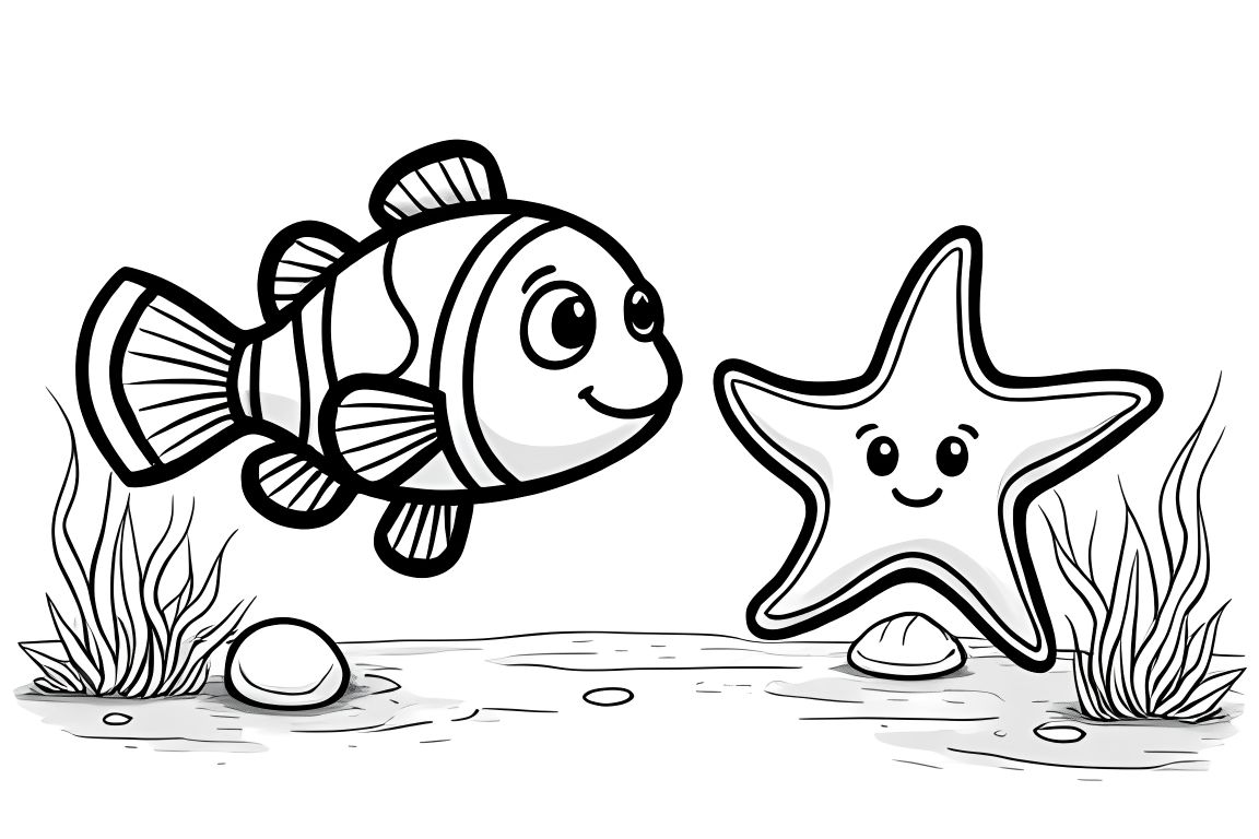 Simple children's coloring book illustration of a friendly clownfish and starfish meeting underwater