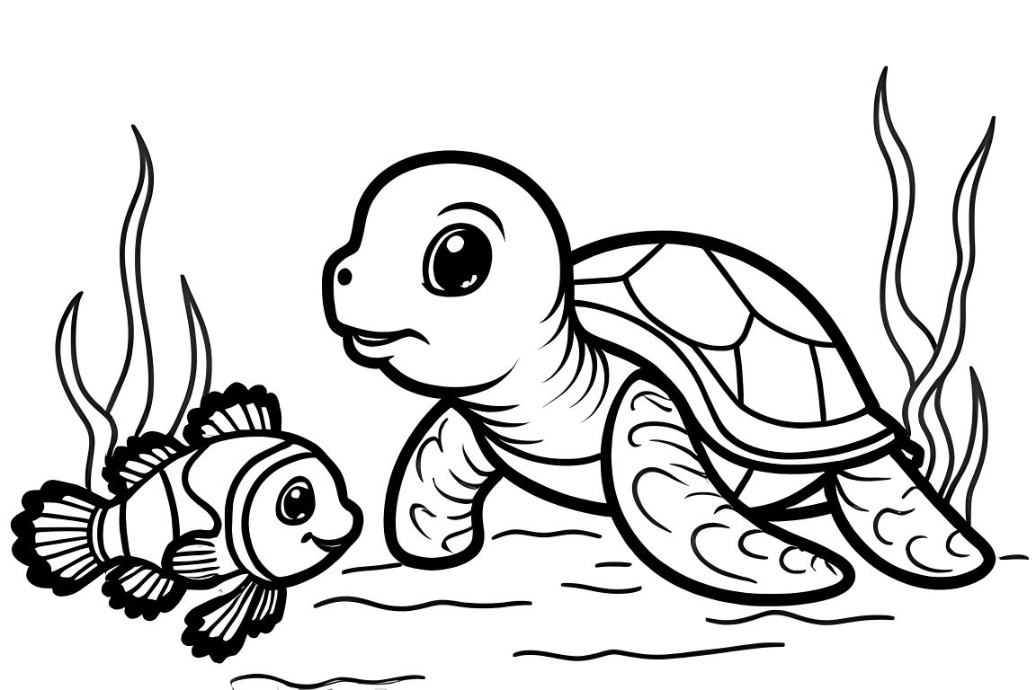 Simple children's coloring book illustration of a small clownfish and friendly sea turtle