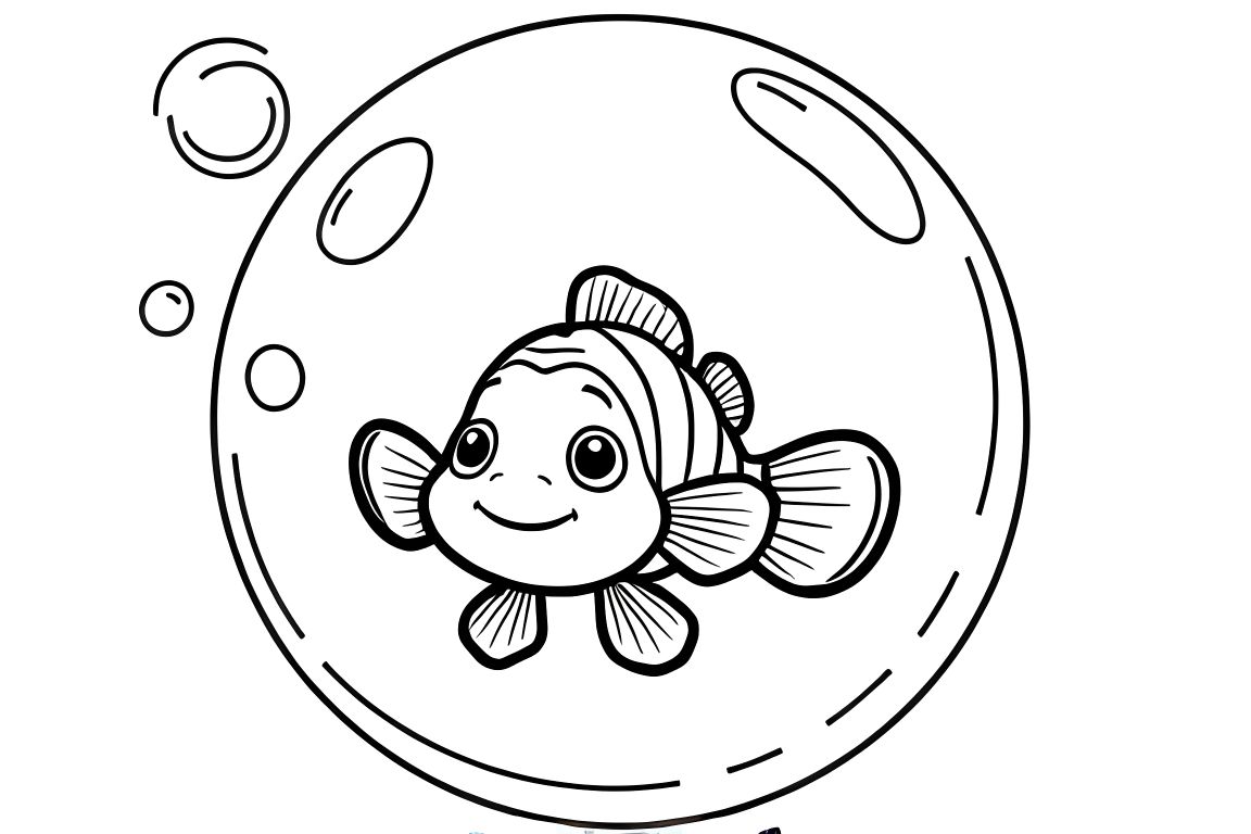 Simple children's coloring book illustration of a happy clownfish floating in a big bubble