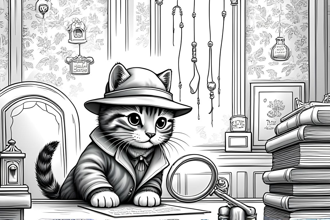 Detailed coloring book illustration of kitten detective solving mysterious case