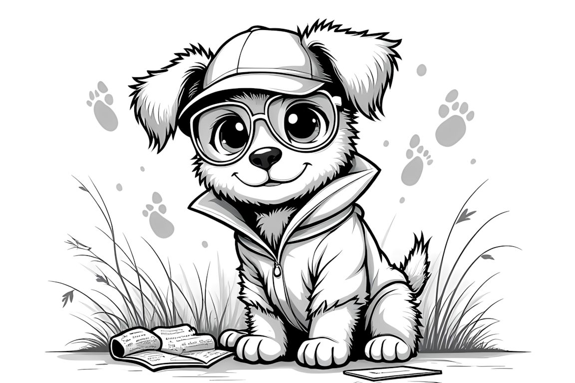 Detailed coloring book illustration of a puppy detective examining clues with a magnifying glass