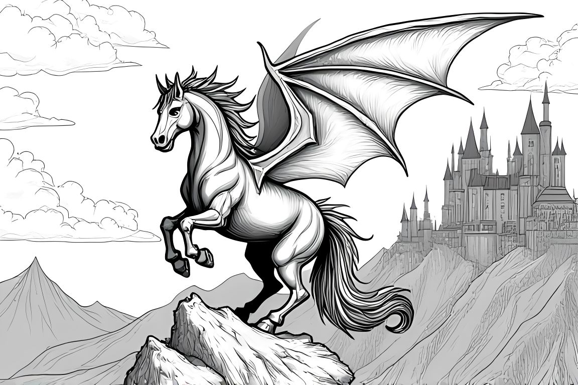 Detailed children's coloring book illustration of a horse with dragon features in a fantasy setting.