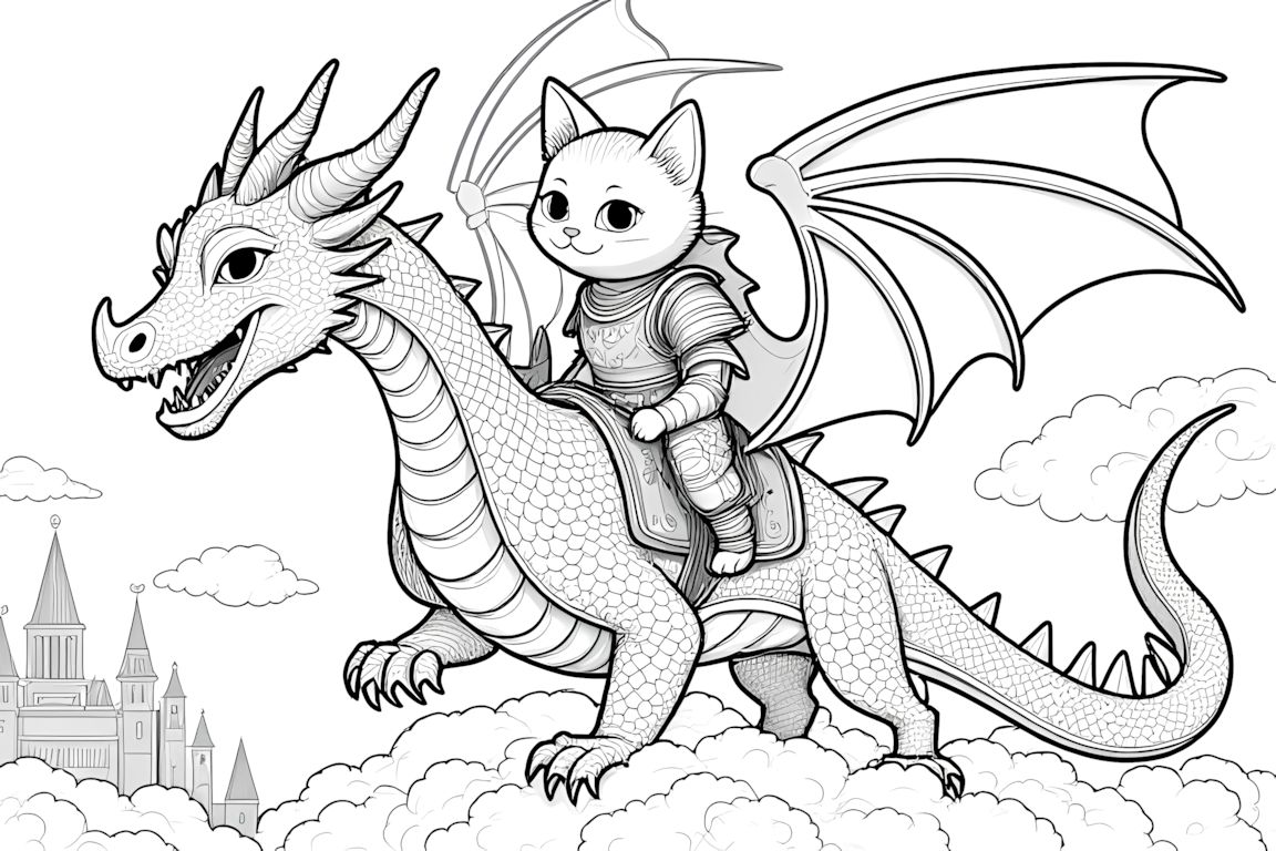 Detailed coloring book illustration of armored kitten riding elaborate dragon