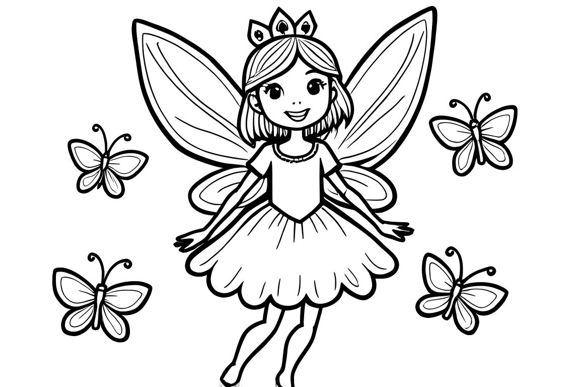 Simple children's coloring book page of a cute fairy princess with butterflies, perfect for toddlers