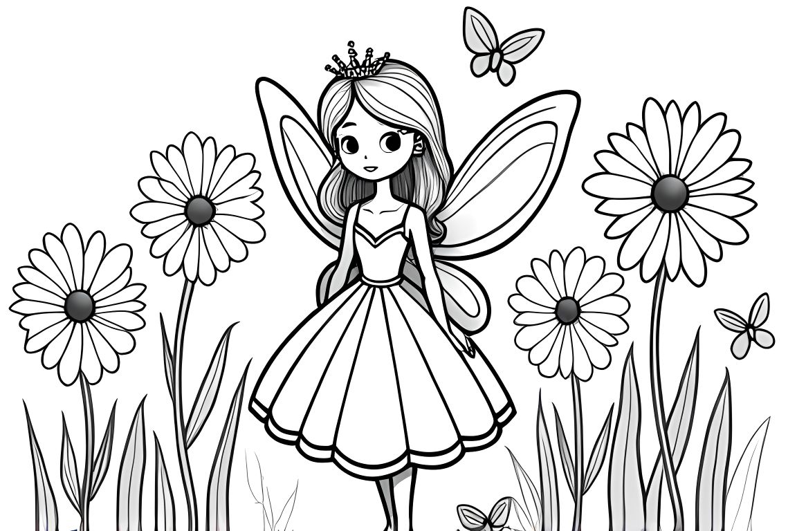 Simple children's coloring book page of a fairy princess in a flower garden