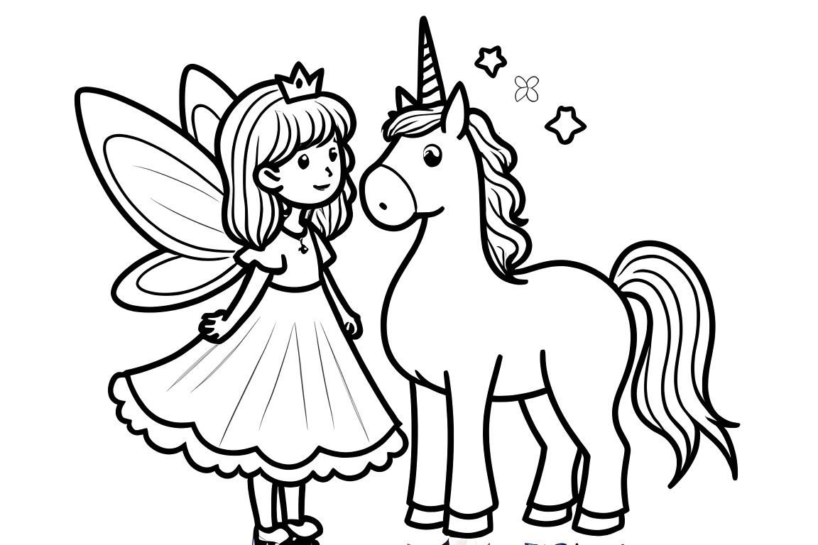 Simple children's coloring book illustration of a fairy princess with a friendly unicorn