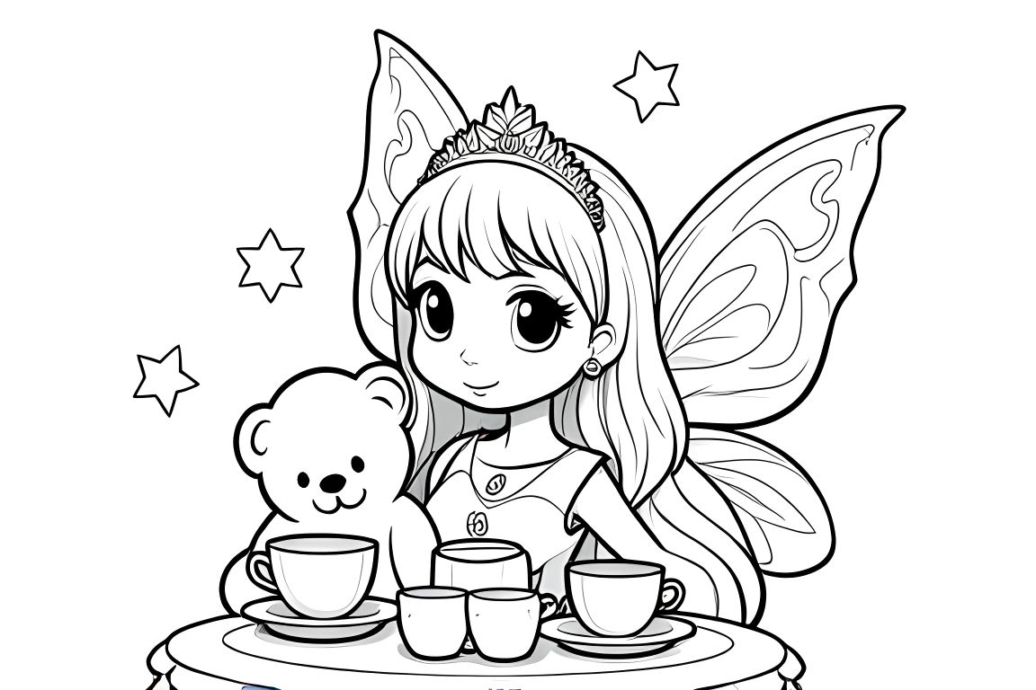 Simple children's coloring book illustration of a fairy princess having tea with her teddy bear