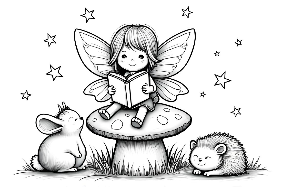 Sweet coloring book illustration of a fairy reading bedtime stories to sleepy woodland animals
