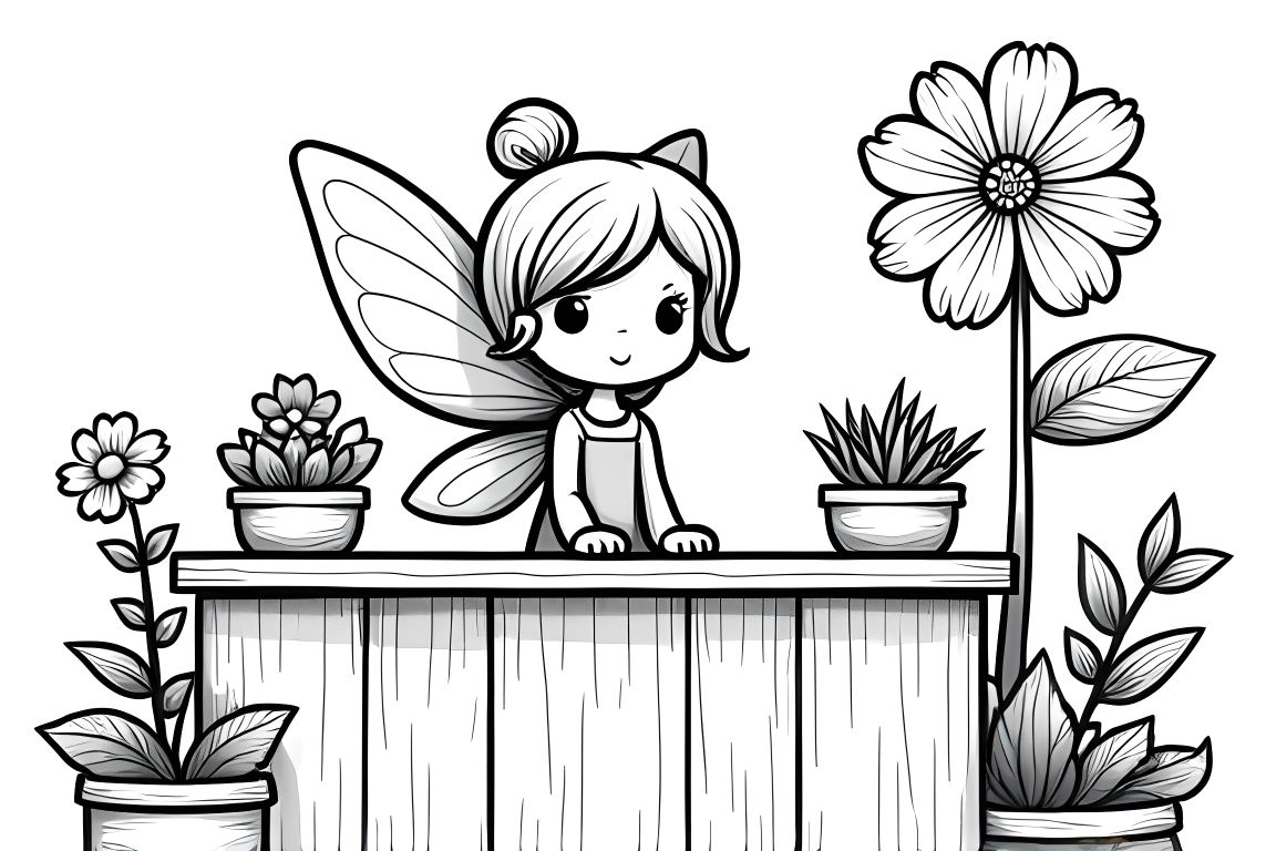 Children's coloring book illustration of a fairy running a magical flower shop with butterfly customer