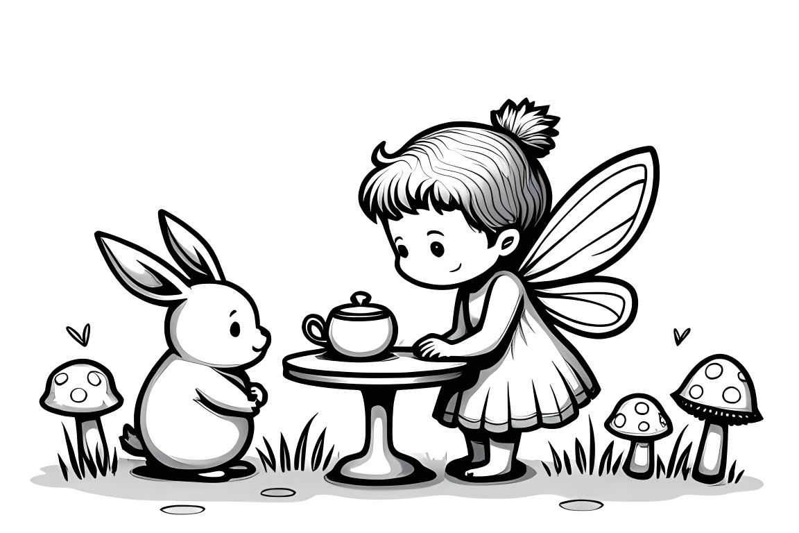 Simple children's coloring book illustration of a fairy having a tea party with forest animals