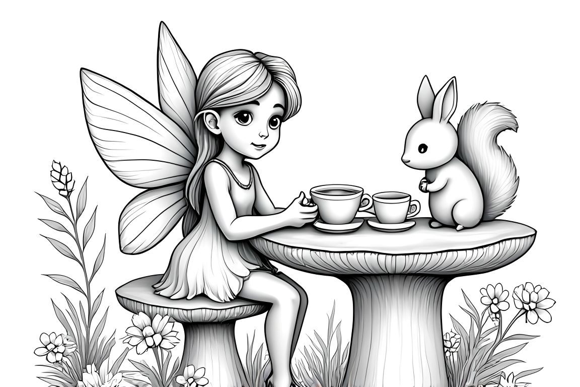 Children's coloring book page of a fairy having a tea party with woodland animals in a magical garden