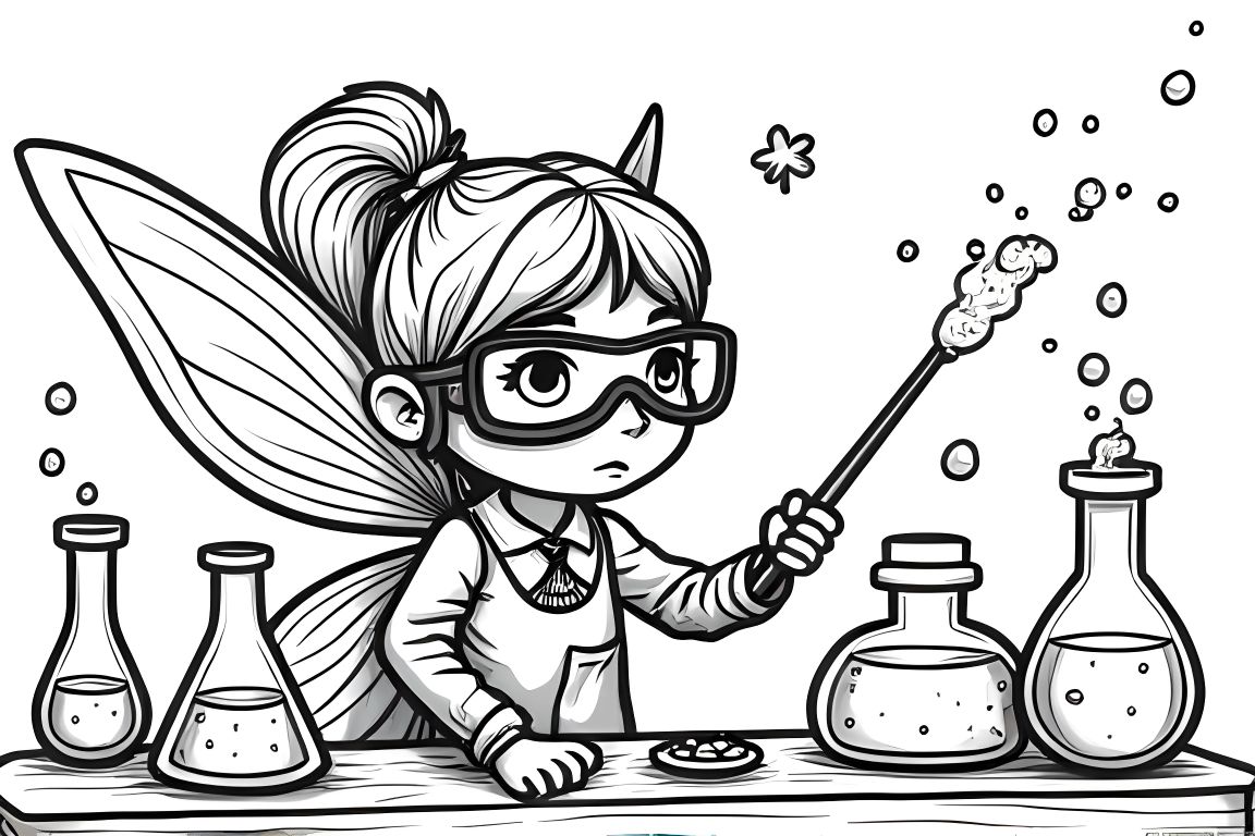 Children's coloring book illustration of a fairy conducting magical science experiments in her laboratory