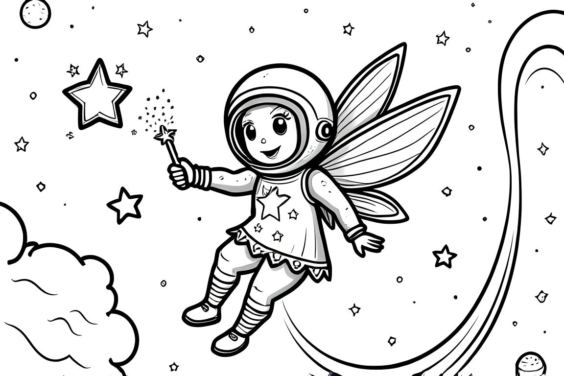 Children's coloring book illustration of a fairy exploring outer space in a magical spacesuit