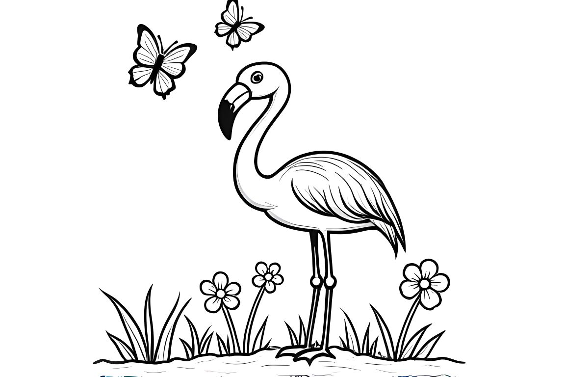 Simple children's coloring illustration of a happy flamingo watching butterflies, perfect for toddlers
