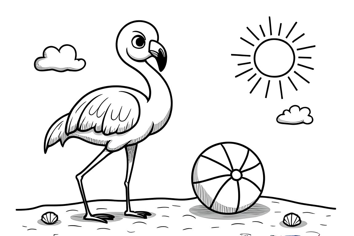 Simple children's coloring page featuring a flamingo at the beach with an umbrella and beach ball