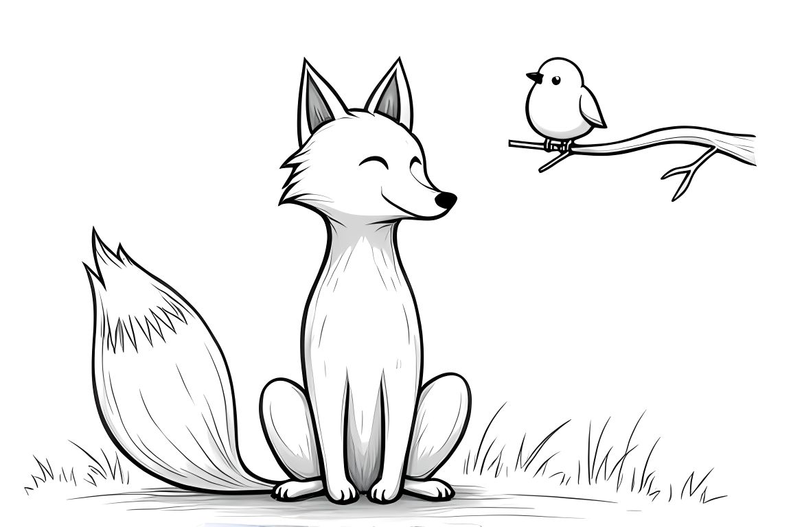 Simple children's coloring book page showing a friendly fox and little bird, ideal for toddlers