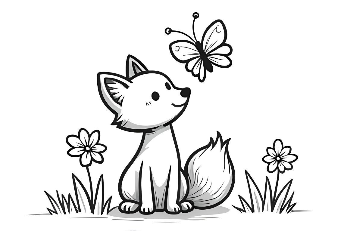 Simple children's coloring page featuring a cute fox watching a butterfly, ideal for toddlers