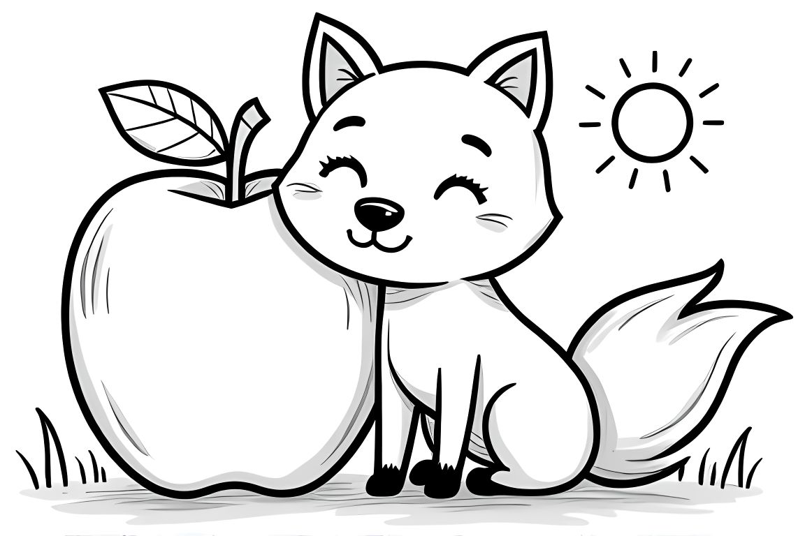 Simple children's coloring book illustration of a fox with a big apple, perfect for toddlers