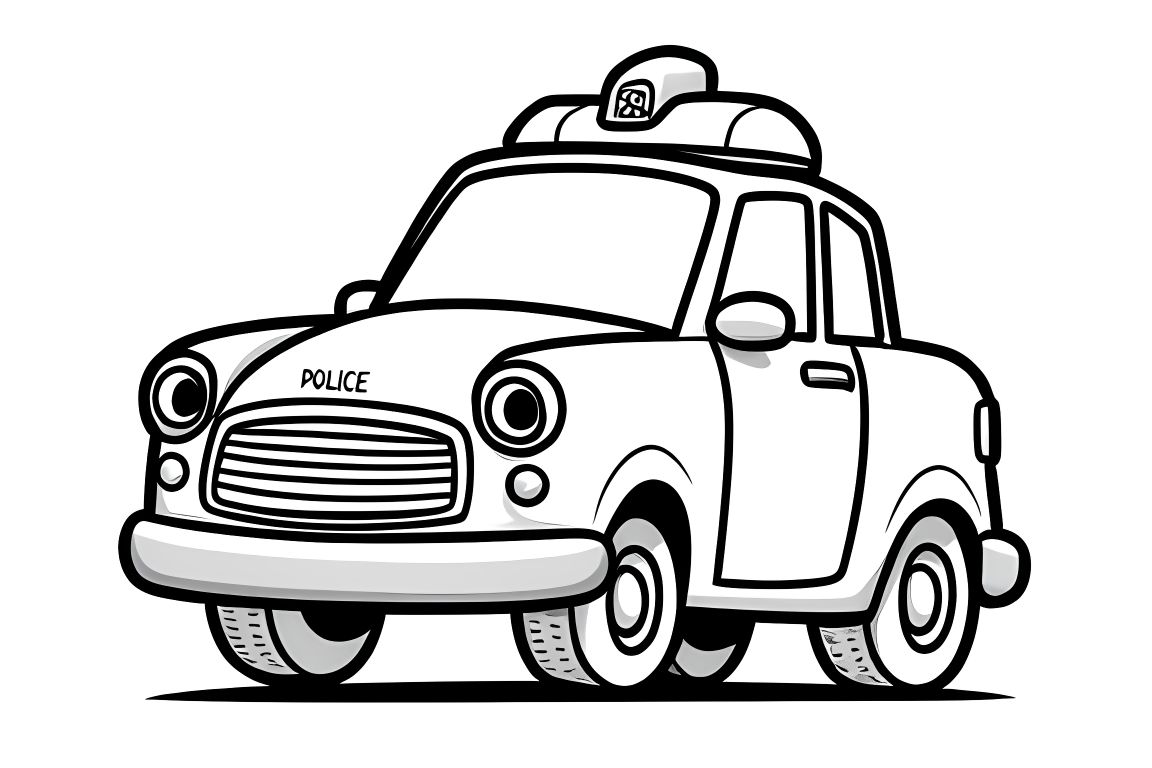 Simple children's coloring book illustration of a friendly smiling police car with big wheels, perfect for toddlers