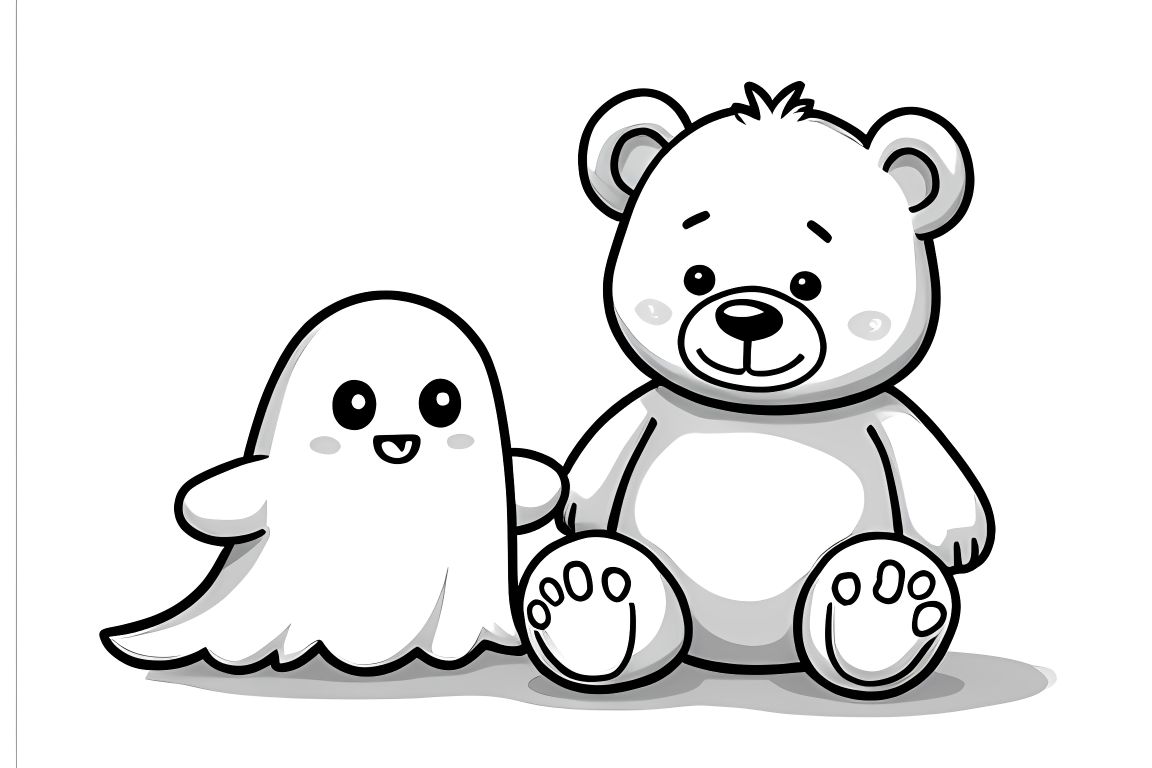 Simple children's coloring book page of a friendly ghost hugging a teddy bear, perfect for toddlers