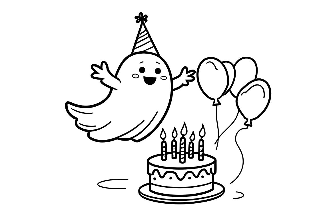 Simple children's coloring book illustration of a happy ghost with birthday cake and balloons, perfect for toddlers