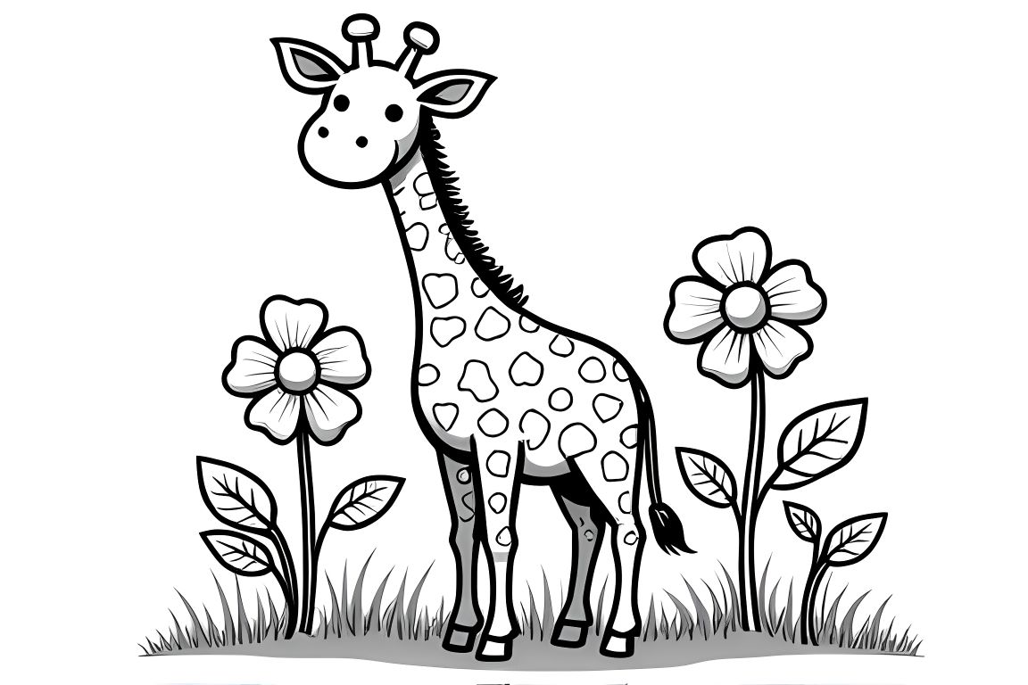 Simple children's coloring illustration of a happy giraffe in a garden with big flowers, ideal for toddlers