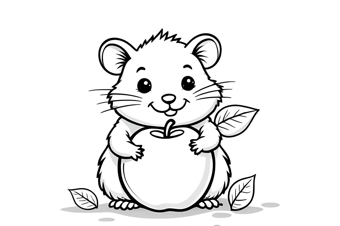 Simple children's coloring page of a cute hamster holding a big apple, perfect for toddlers