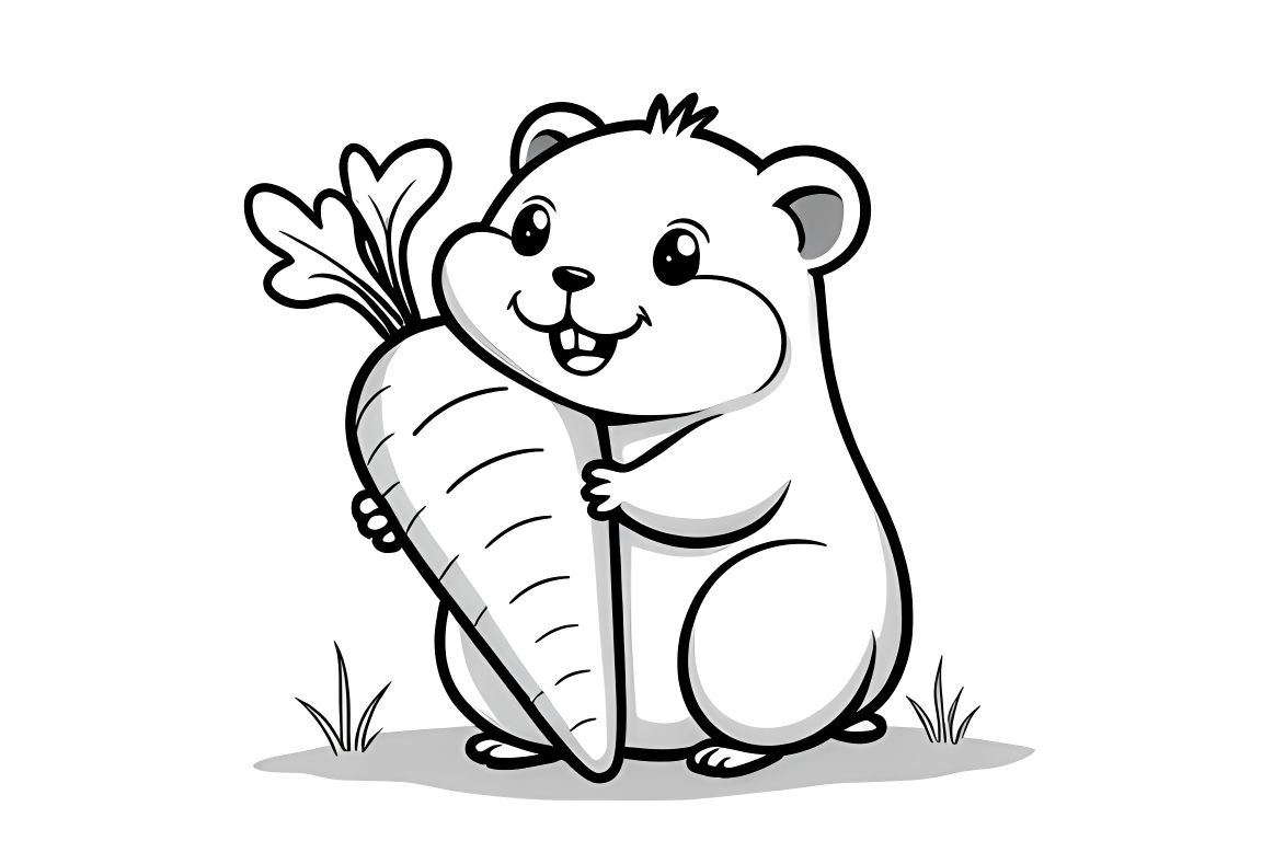 Simple children's coloring illustration of a cute hamster with a big carrot for toddlers