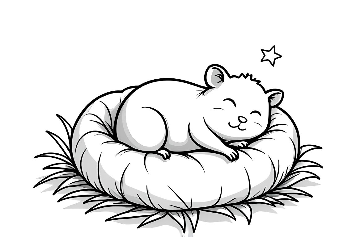 Simple children's coloring illustration of a cute hamster sleeping in a cozy bed for toddlers