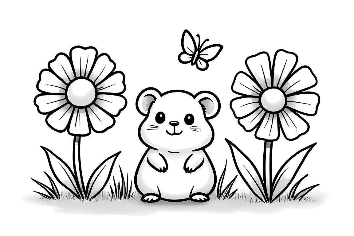 Simple children's coloring page of a cute hamster in a flower garden for toddlers
