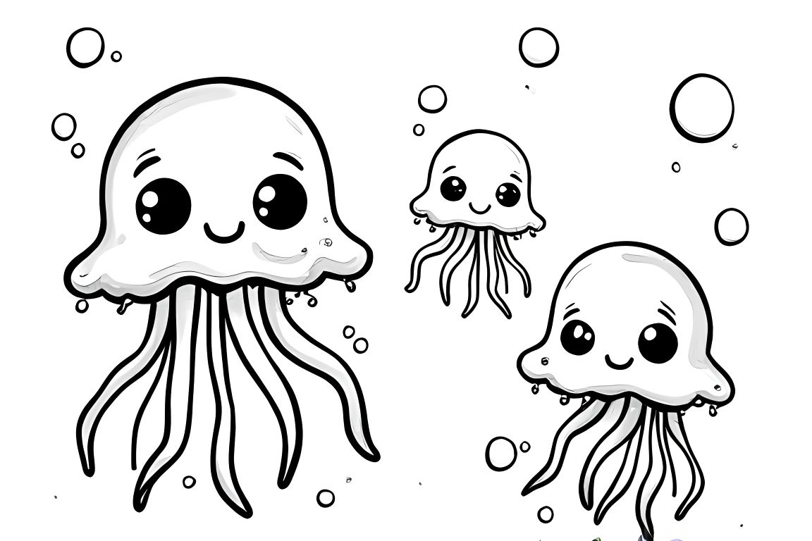 Simple children's coloring book illustration of three cute jellyfish family members swimming together
