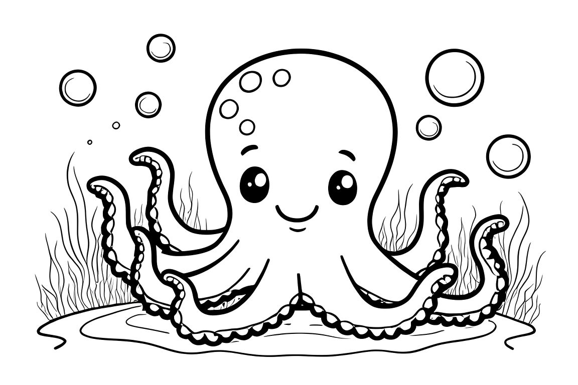 Simple children's coloring page of a friendly octopus blowing bubbles, perfect for toddlers