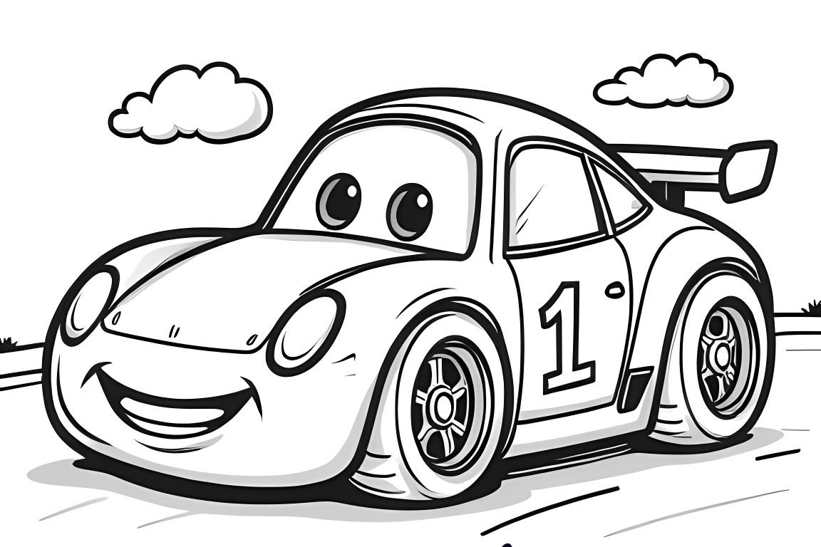 Simple children's coloring page of a smiling race car with big wheels for toddlers