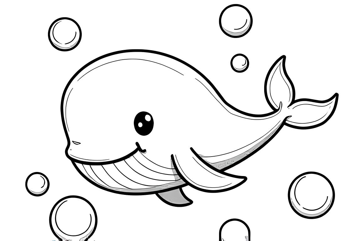 Simple children's coloring book page of a happy whale with floating bubbles, perfect for toddlers