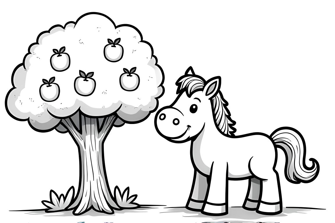 Simple children's coloring book page showing a friendly horse near an apple tree, designed for toddlers.