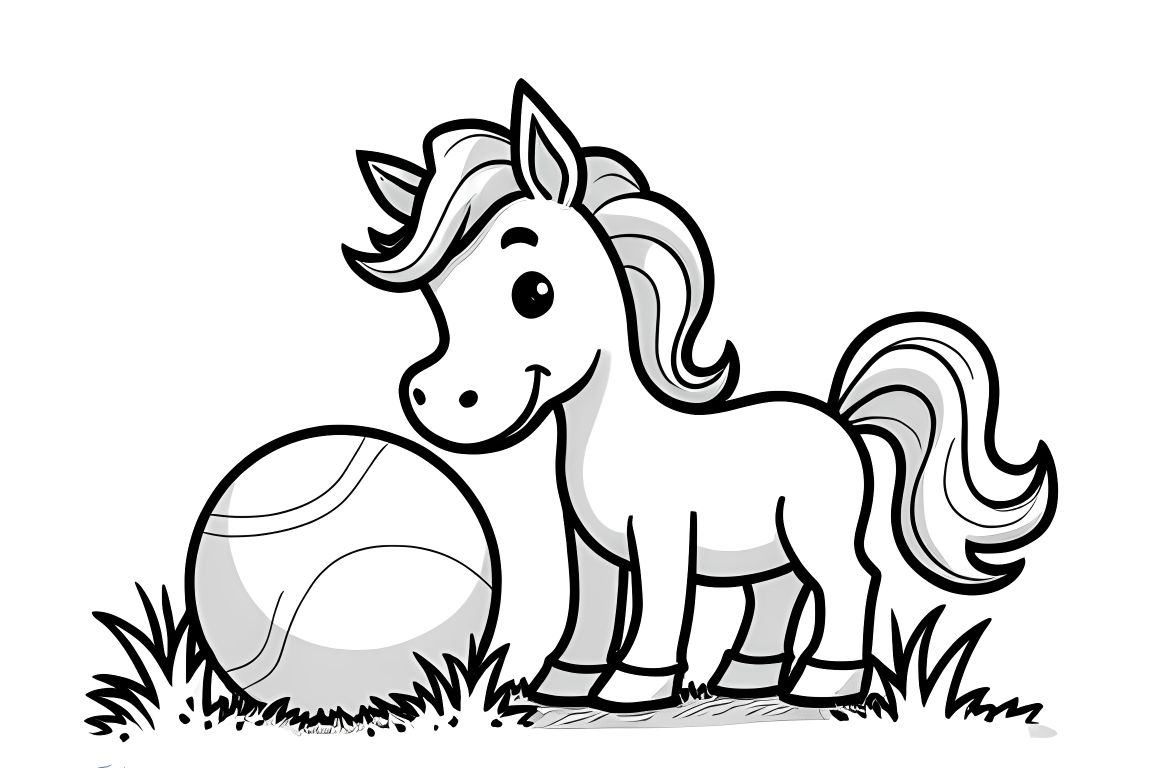 Simple children's coloring book page of a horse playing with a ball, designed for toddlers.
