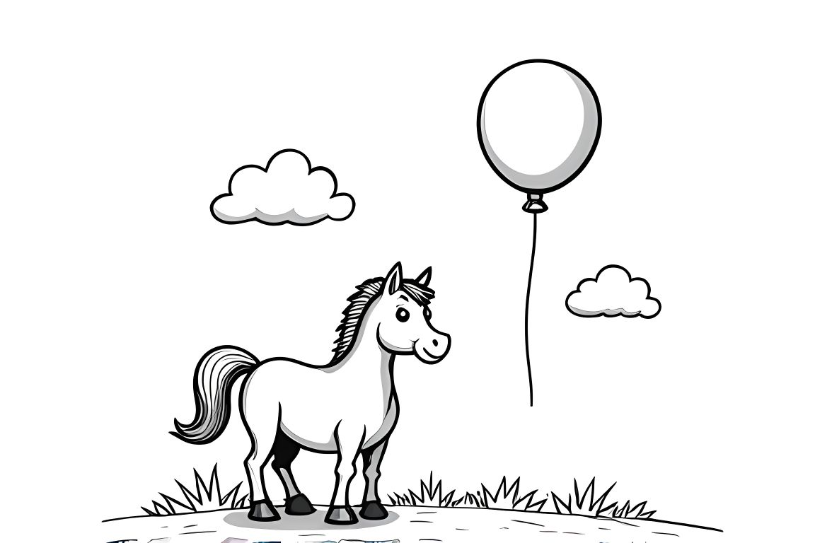 Simple children's coloring book page featuring a horse with a balloon, designed for toddlers.