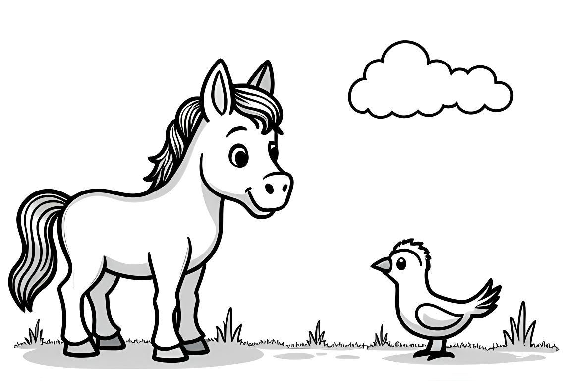 Simple children's coloring book illustration of a horse meeting a bird, perfect for toddlers.