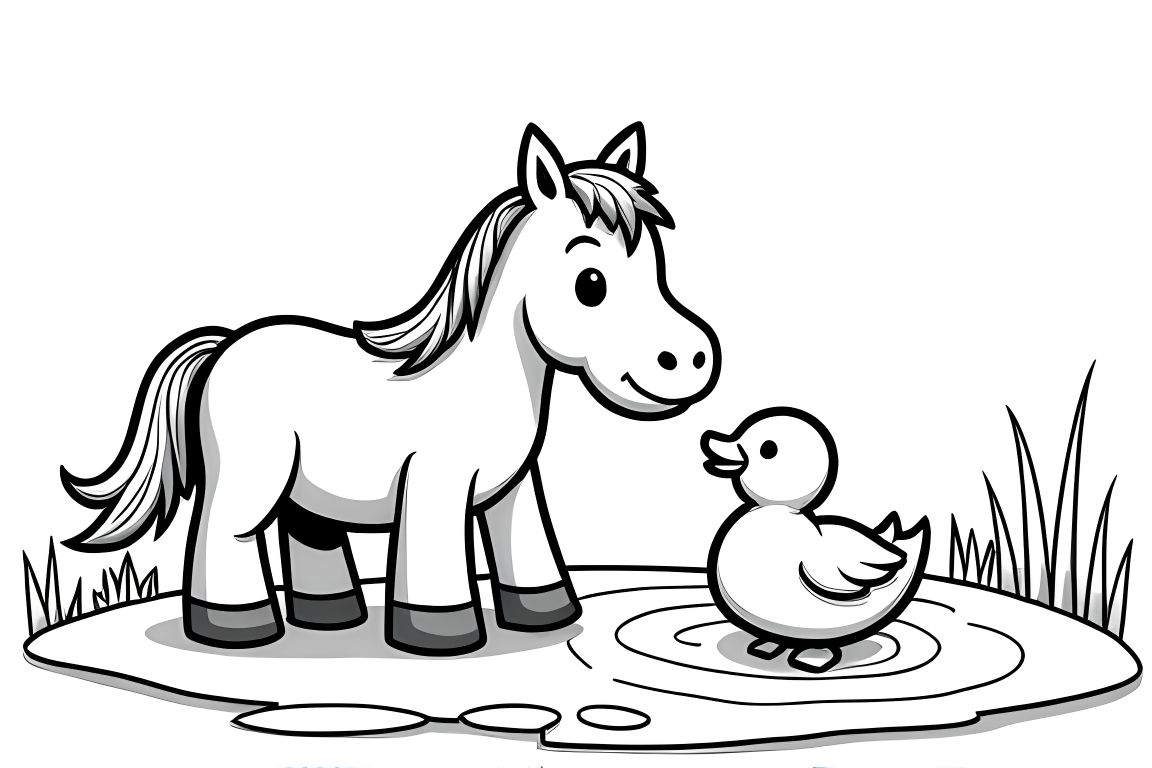Easy children's coloring book illustration of a horse and duck becoming friends, designed for toddlers.