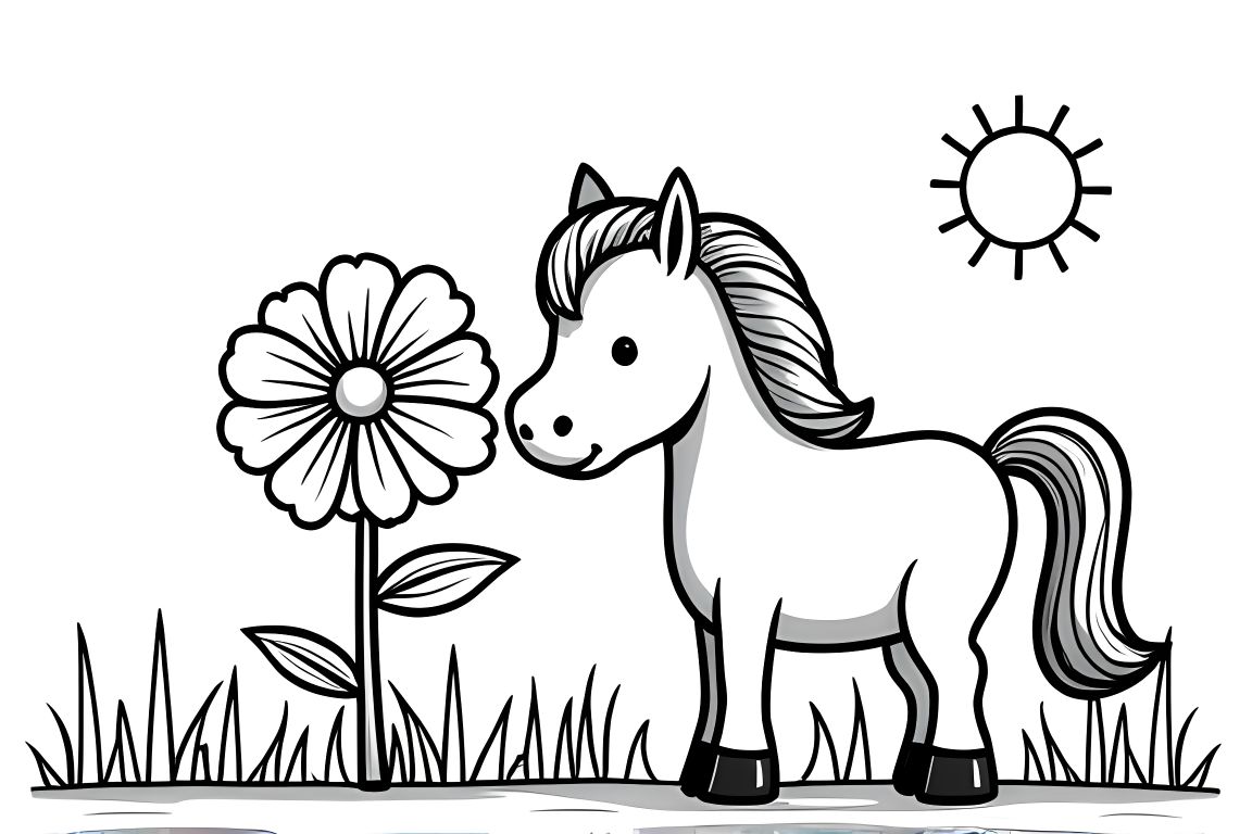 Simple children's coloring book page showing a horse smelling a flower, designed for toddlers.