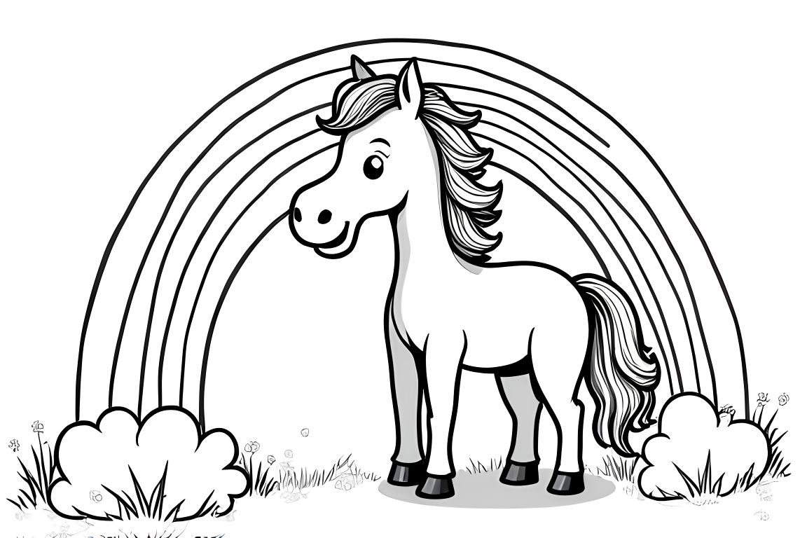 Simple children's coloring book illustration of a horse admiring a rainbow, perfect for toddlers.