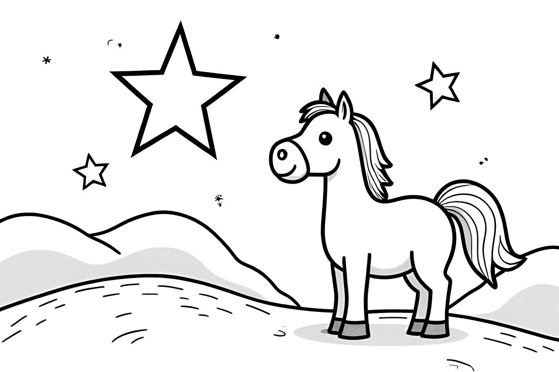 Simple children's coloring book illustration of a horse looking at a star, perfect for toddlers.
