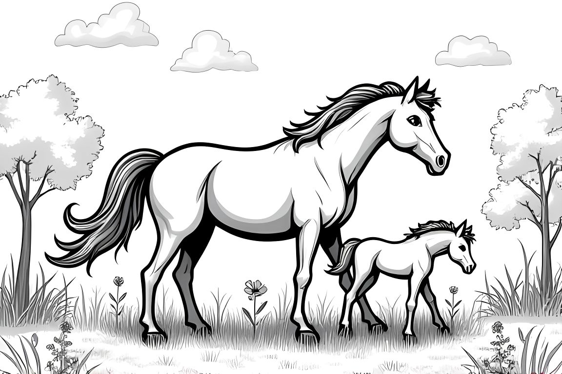 Children's coloring book illustration of a horse family playing together in a flower-filled meadow.