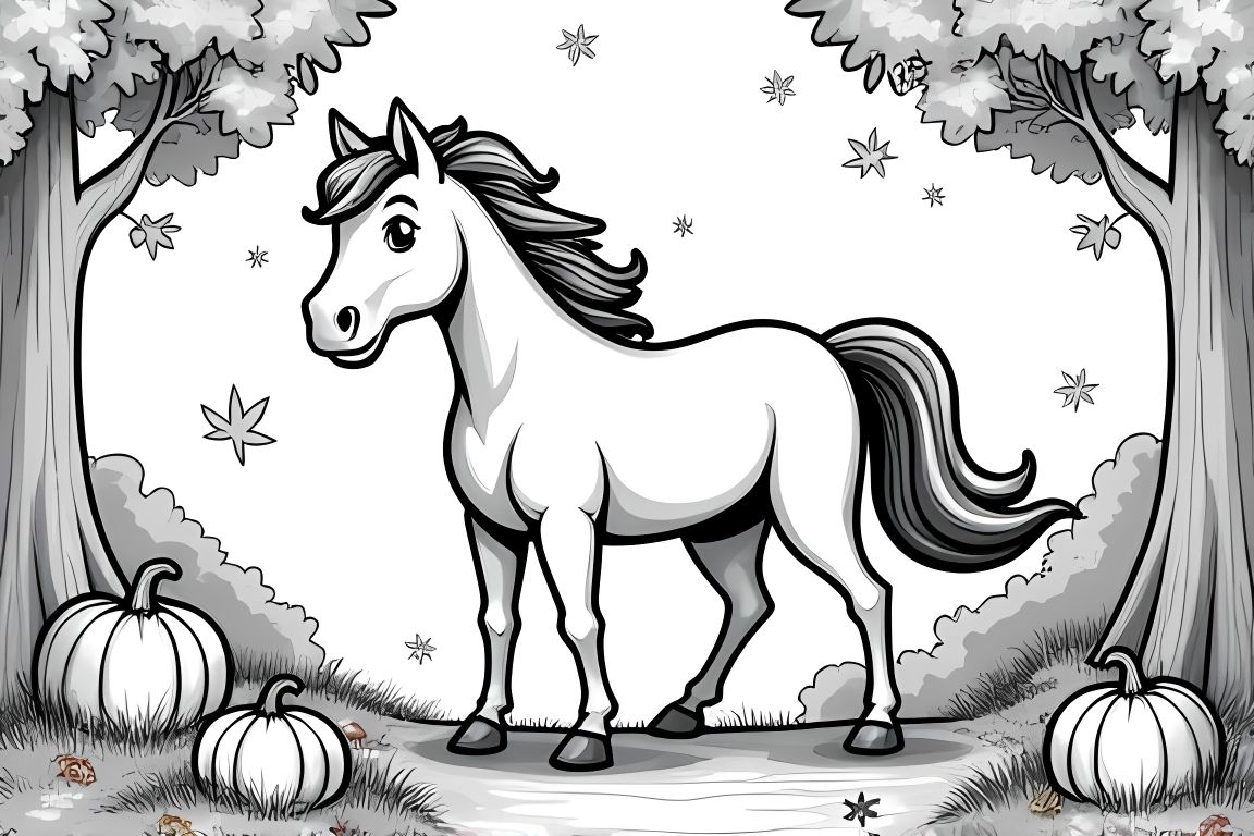Children's coloring book illustration of a horse playing with autumn leaves in a fall setting.